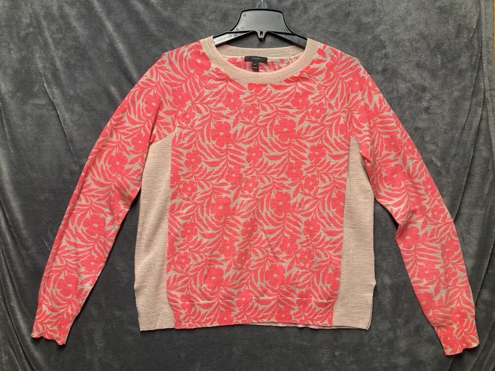 J. Crew Linen Blend Sweater Coral Tan Floral Lightweight Top M Preppy Coastal